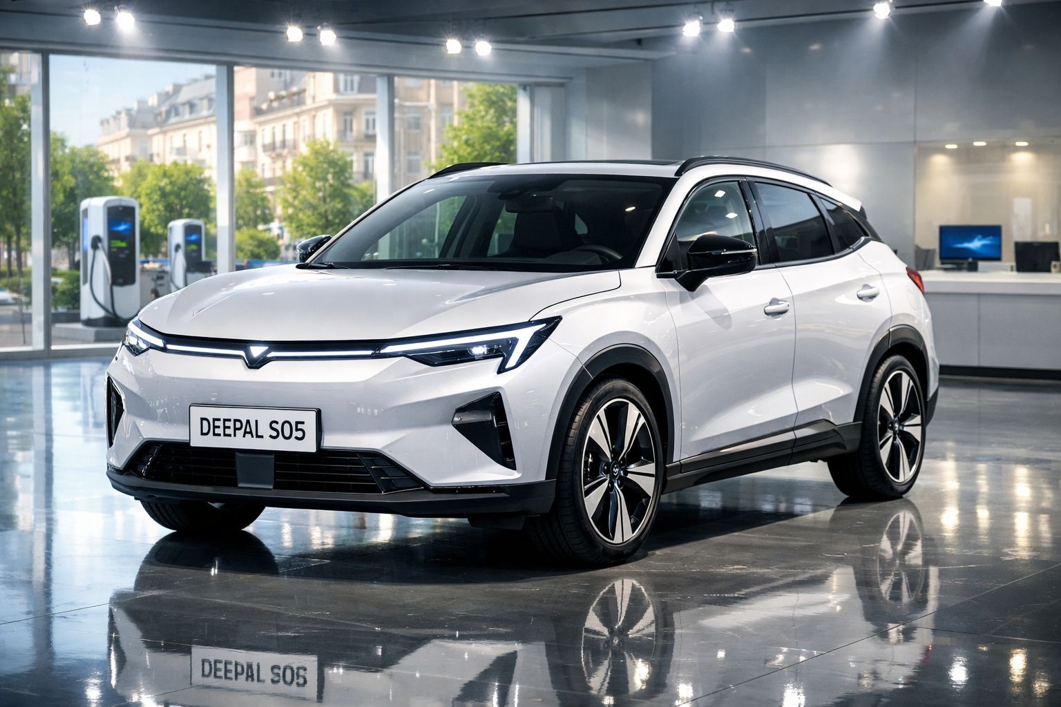 Veículo elétrico branco Deepal S05 estacionado num showroom moderno com estações de carregamento ao fundo.