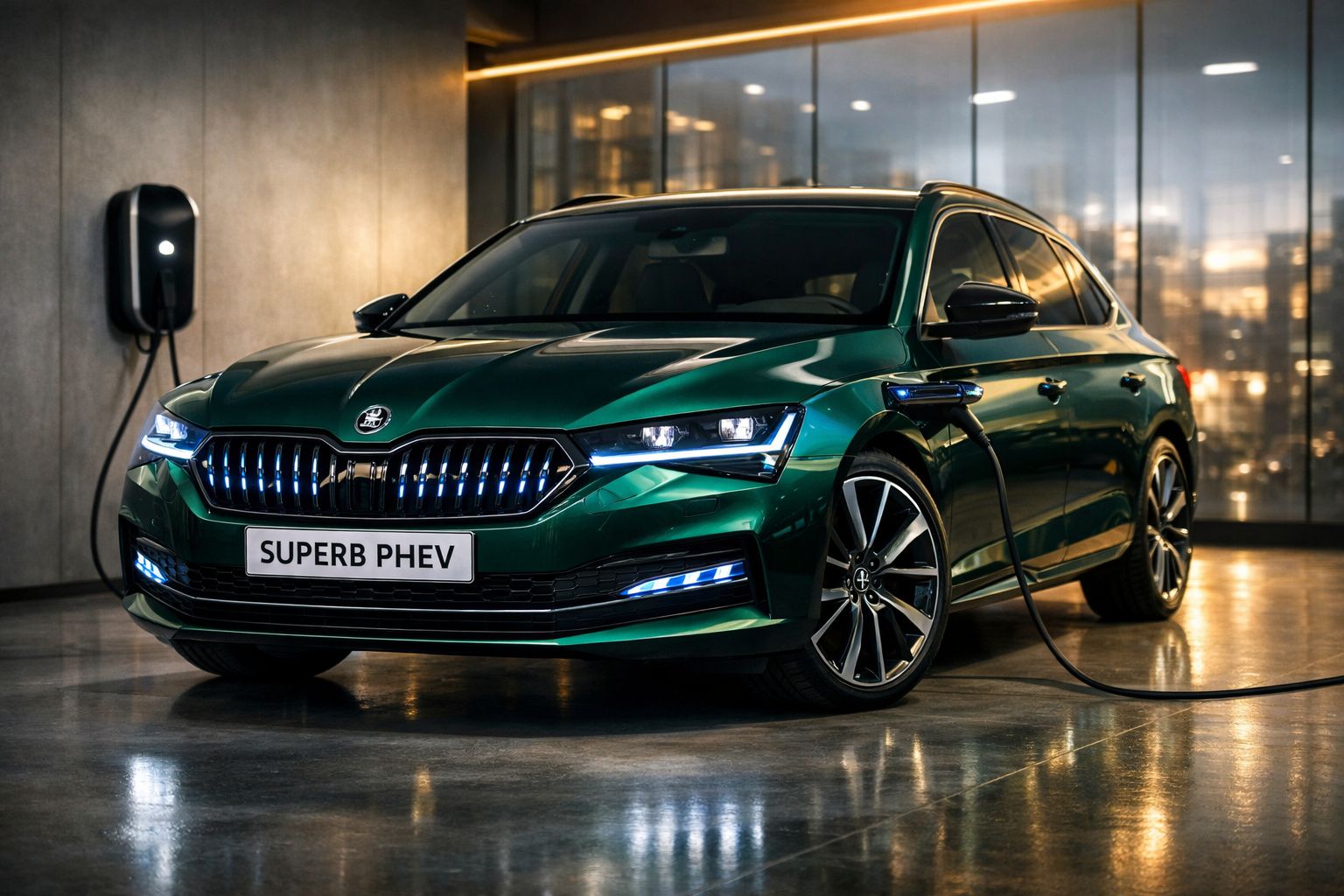 Carro elétrico verde metálico Škoda Superb PHEV a carregar numa estação de carregamento interior.