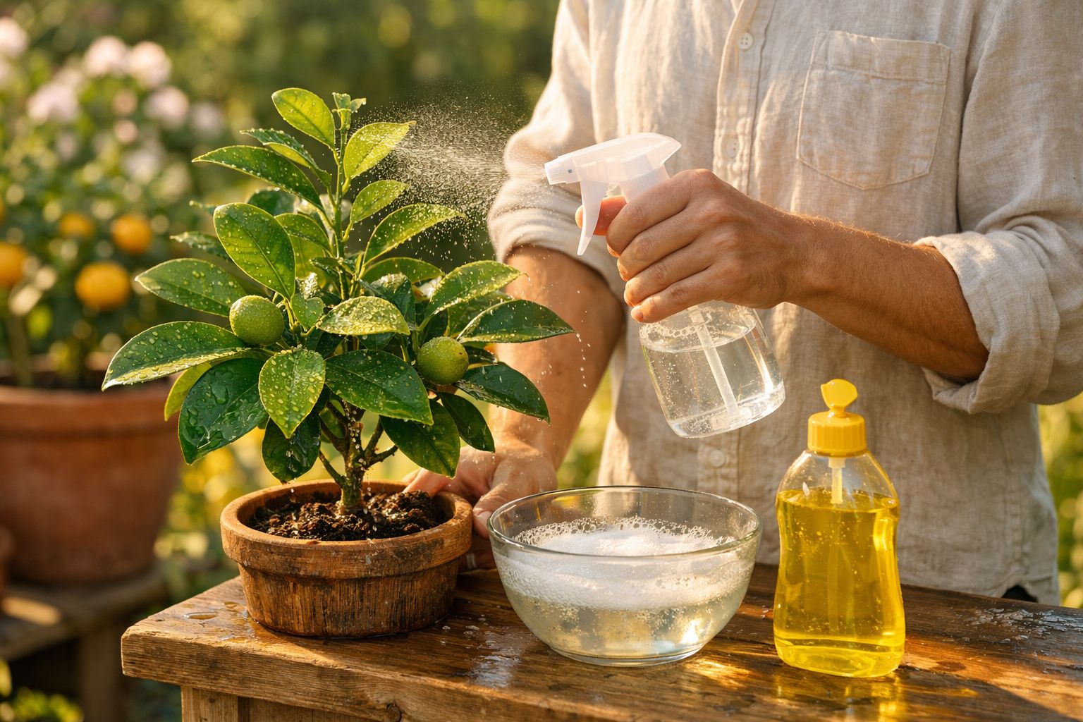 Pessoa borrifando planta em vaso com solução feita em casa para cuidar das folhas ao ar livre.