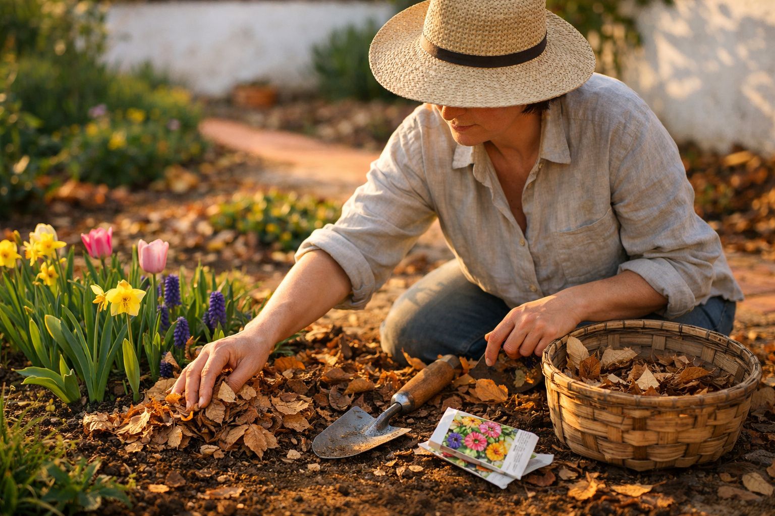 Pessoa com chapéu a cuidar de um jardim, a recolher folhas secas perto de flores coloridas.