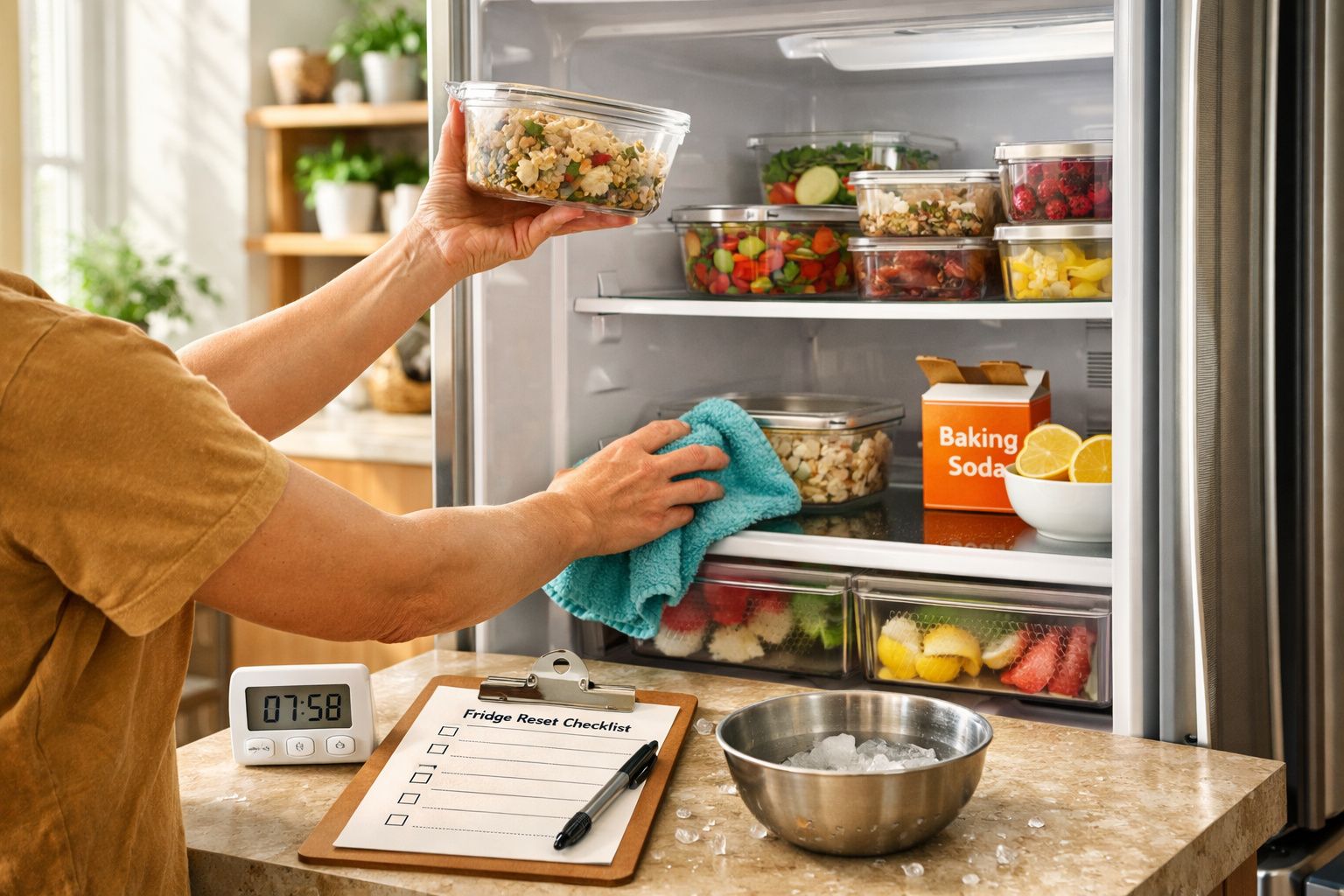 Mão a limpar estante de frigorífico aberto com panos e vários recipientes de comida organizados no interior.