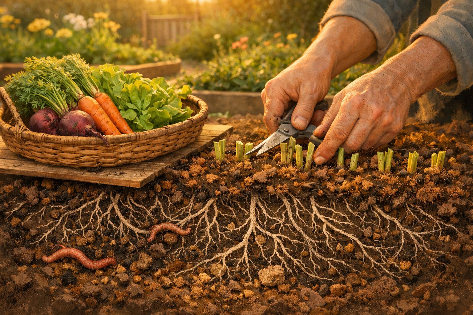 Mãos a cortar plantas na terra, raízes visíveis, minhocas e cesto com cenouras, beterrabas e alface.