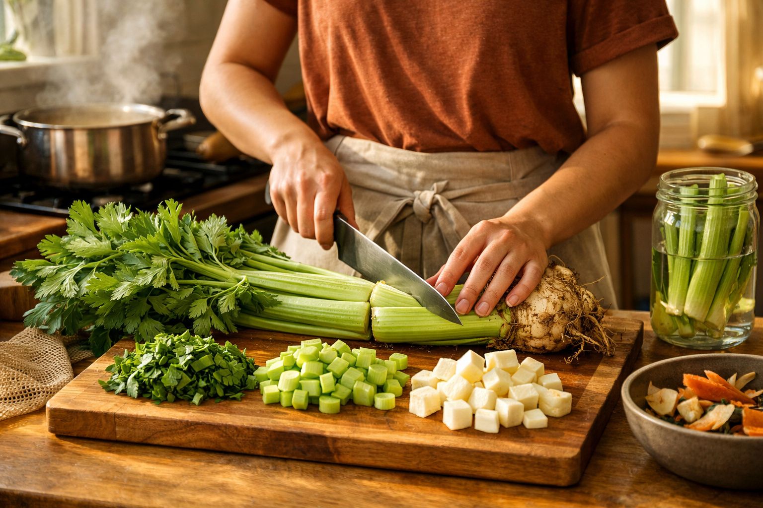 Pessoa a cortar aipo e raízes numa tábua de madeira numa cozinha com vegetais picados ao lado.
