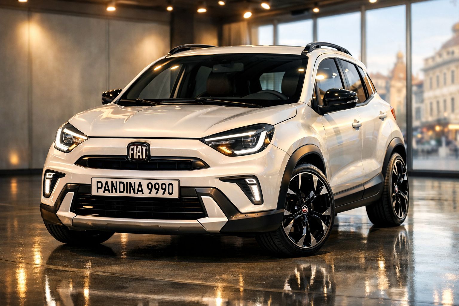 Carro Fiat branco estacionado em espaço interior com jantes pretas brilhantes e luzes acesas.