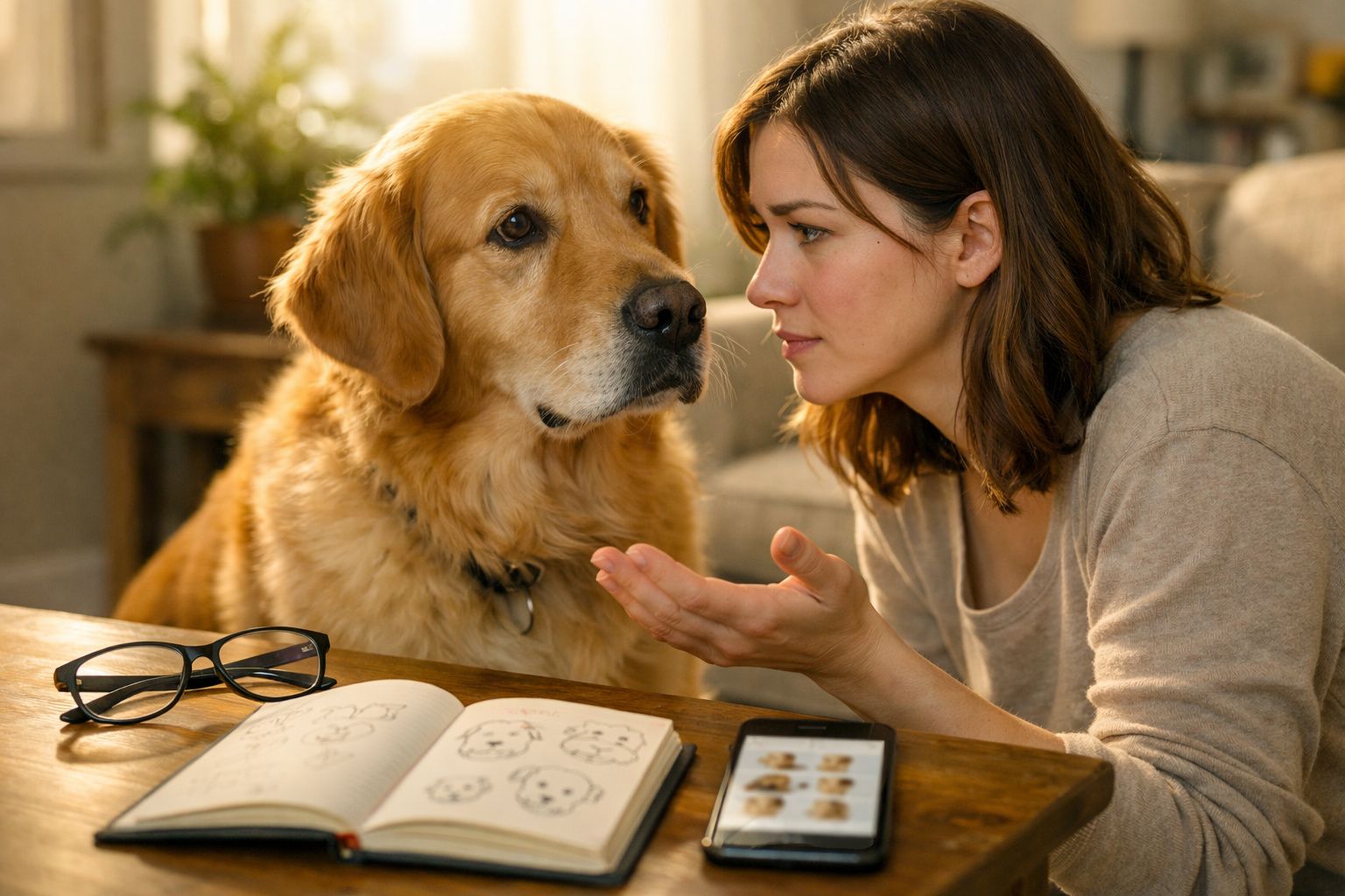 Mulher a olhar e falar com um cão golden retriever sentados à mesa com desenhos de cães e um telemóvel.
