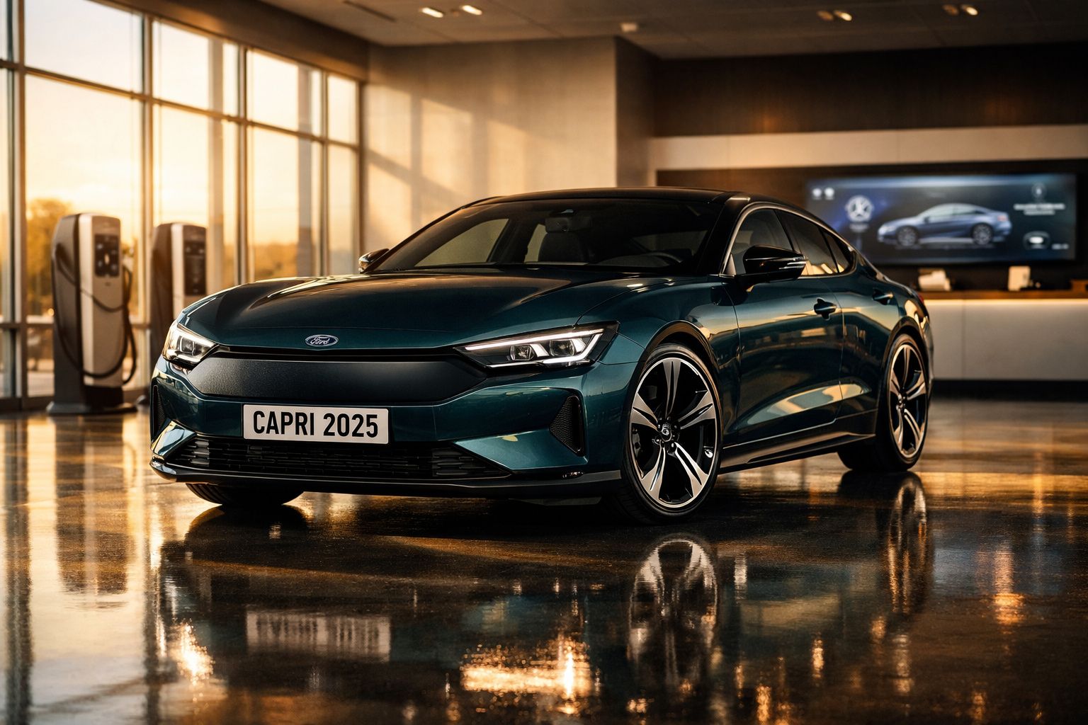 Carro desportivo elétrico Ford Capri 2025 verde escuro numa sala com carregador elétrico e ecrã ao fundo.