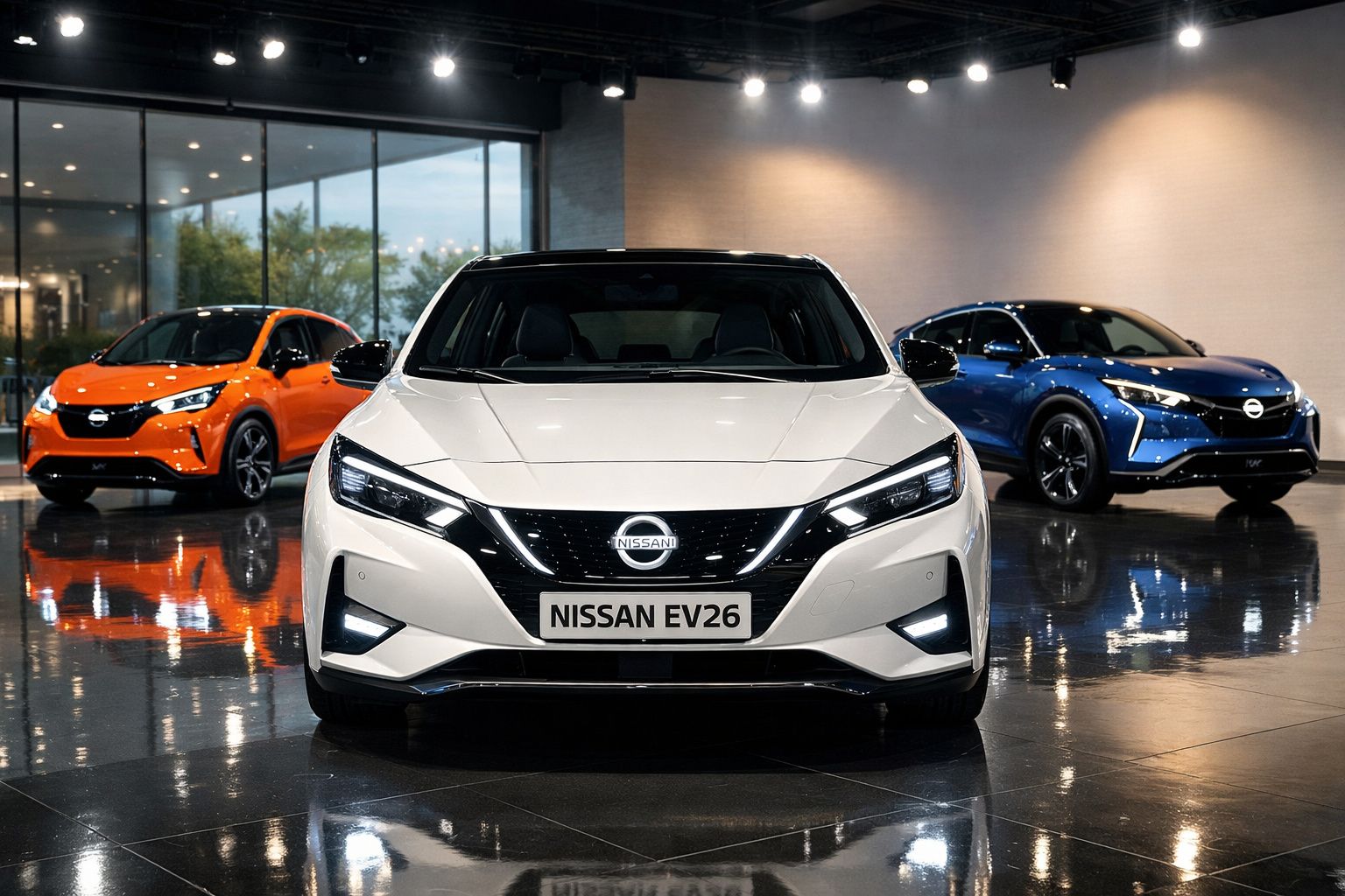 Três carros Nissan EV26 em exposição, nas cores branco, laranja e azul, num showroom moderno com chão refletor.