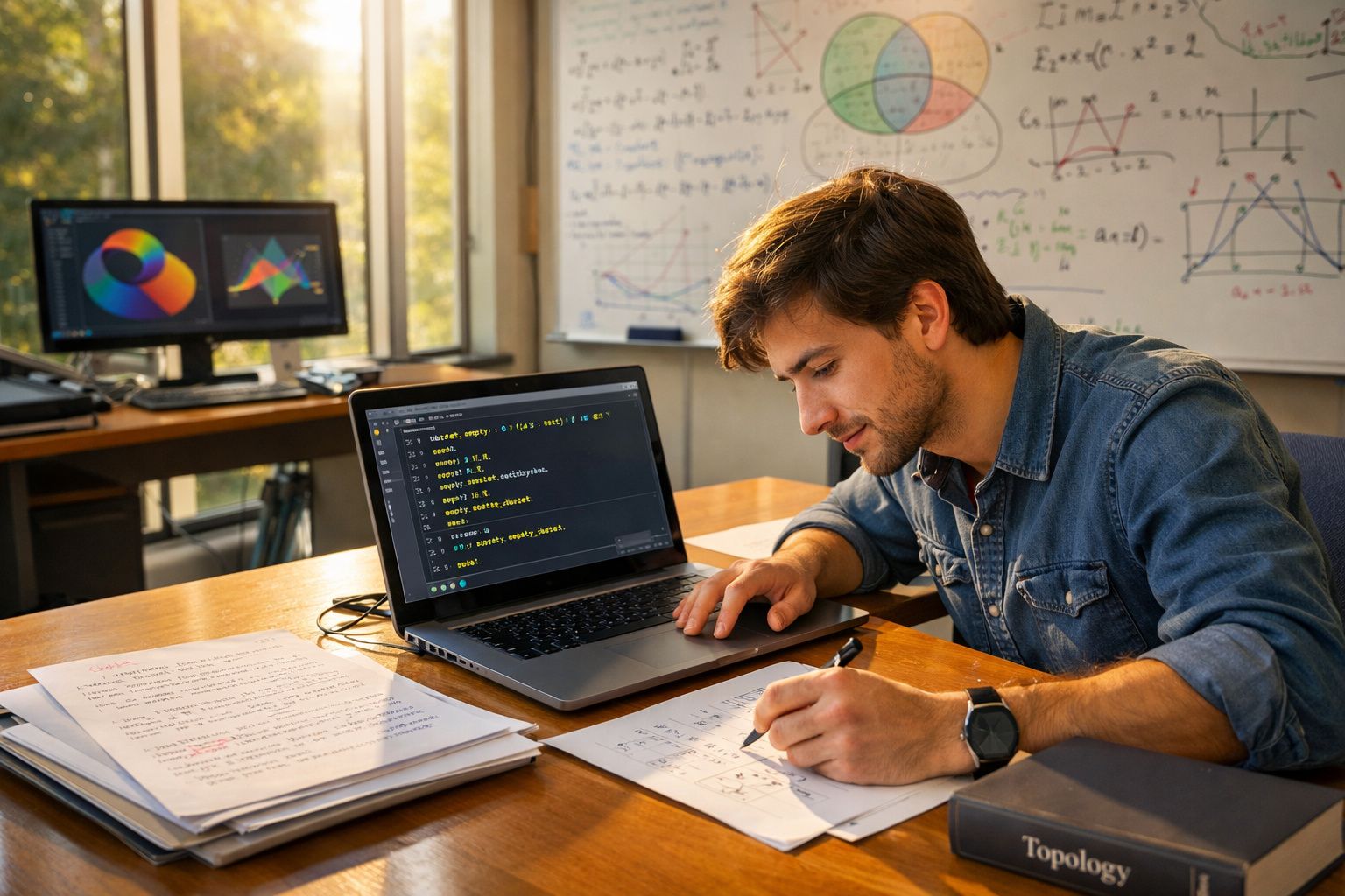 Homem jovem a programar num portátil e a calcular fórmulas matemáticas numa folha, em escritório com quadros.
