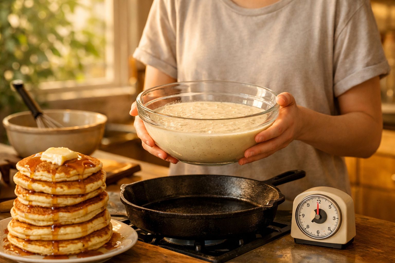 Pessoa a segurar taça com massa de panquecas ao lado de frigideira, pilha de panquecas e temporizador na cozinha.