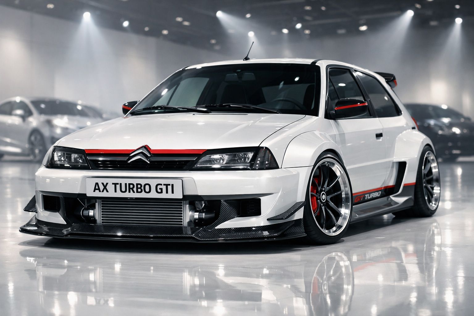 Citroën AX Turbo GTI branco com modificações desportivas em showroom moderno e iluminado.
