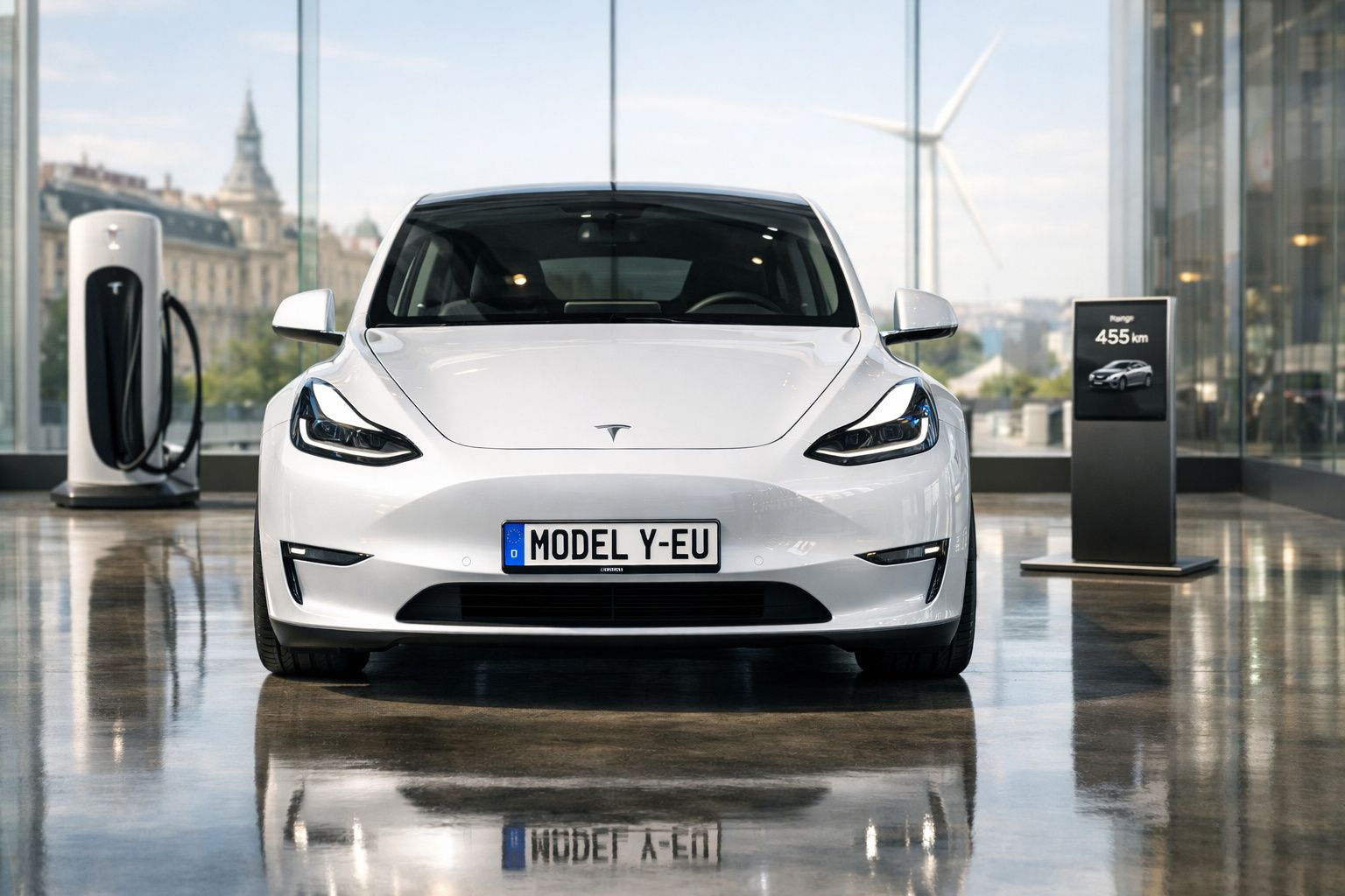 Carro elétrico Tesla Model Y branco visto de frente numa garagem moderna com estação de carregamento.