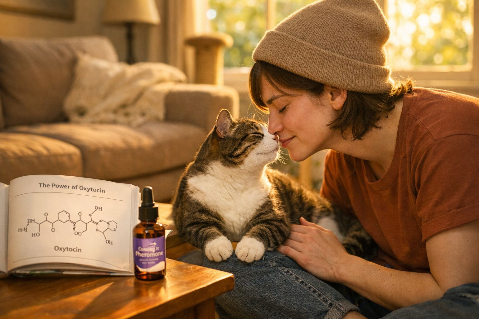Mulher a tocar numa gata que encosta o nariz ao seu rosto numa sala acolhedora iluminada.