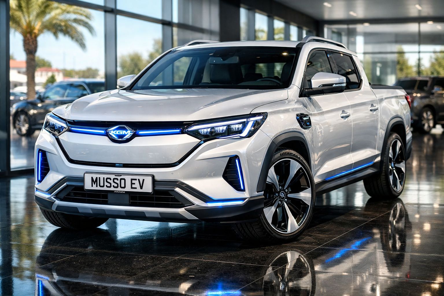Picape eléctrica branca KGM Musso EV em showroom com luzes LED azuis e jantes modernas.