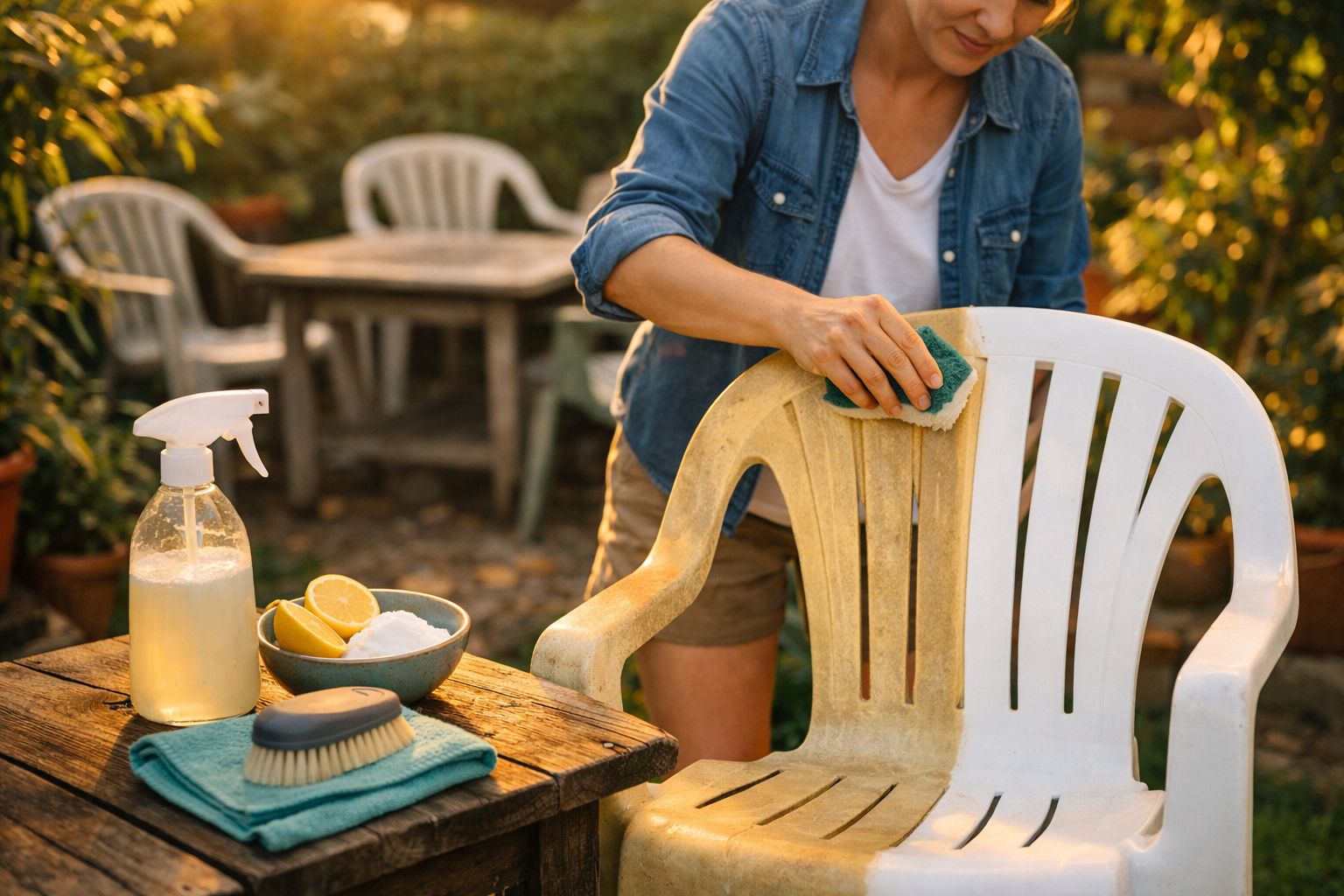 Pessoa a limpar cadeira de plástico branca suja num jardim com produtos de limpeza naturais.