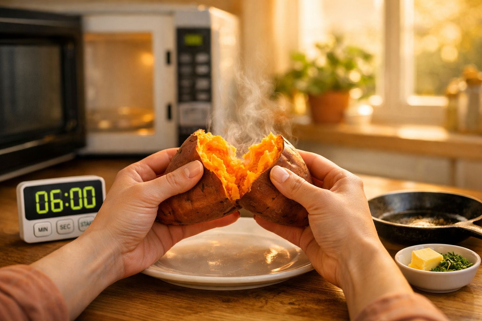 Mãos a partir uma batata-doce quente e fumegante numa cozinha com micro-ondas e temporizador.