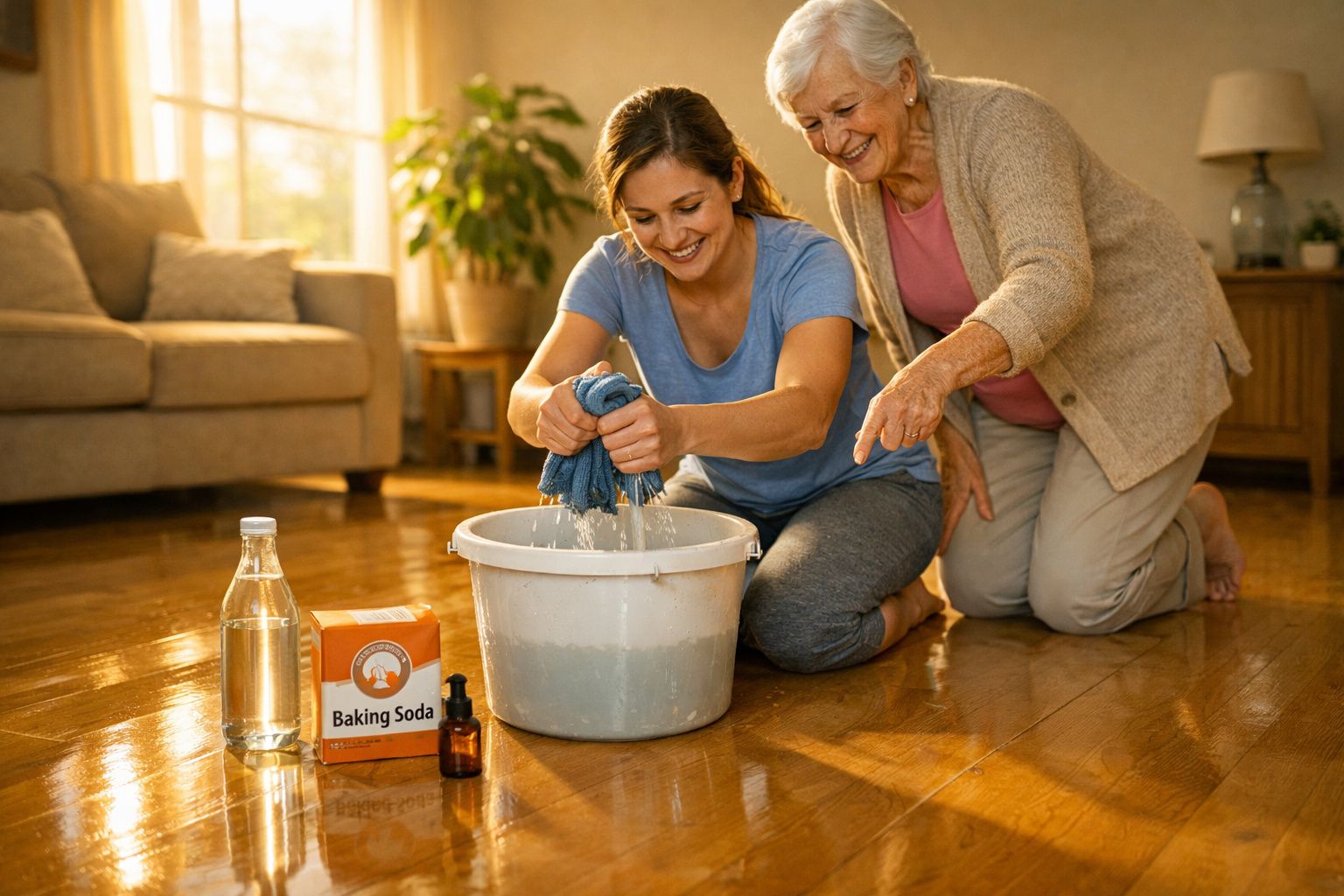 Mulher jovem e idosa a limpar o chão de madeira em casa com água, bicarbonato e vinagre.