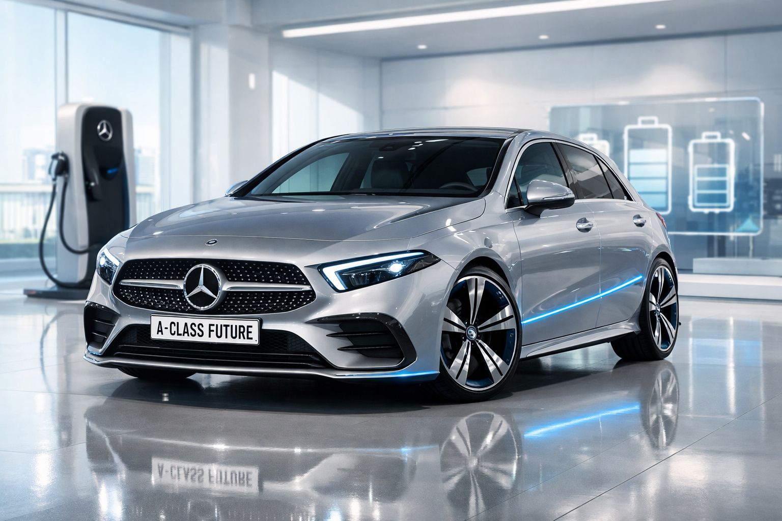 Carro elétrico Mercedes Benz A-Class Future prateado estacionado junto a posto de carregamento em salão moderno.