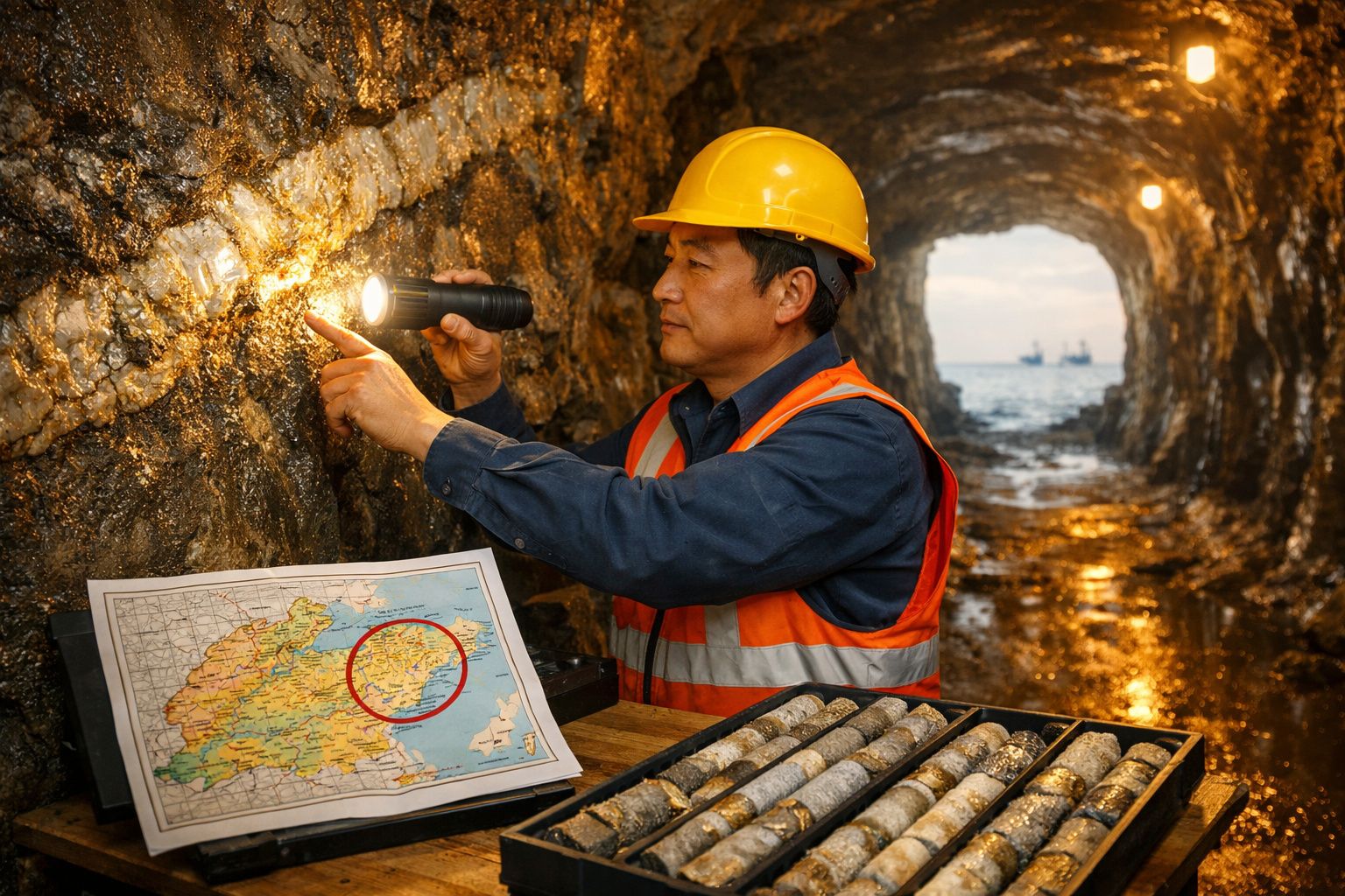 Geólogo com capacete e colete refletor examina amostra de rocha numa mina enquanto consulta mapa.