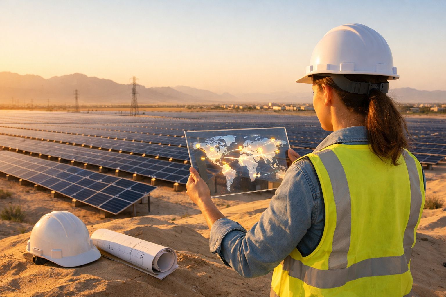 Engenheira com colete e capacete analisa mapa digital junto a painéis solares ao pôr do sol.