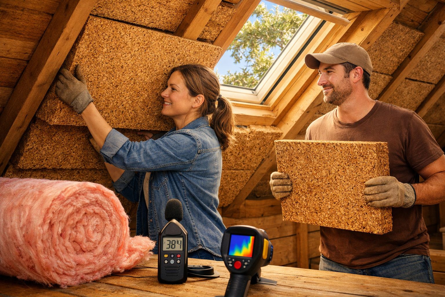 Casal a instalar isolamento térmico em cortiça numa mansarda iluminada por janela de teto.