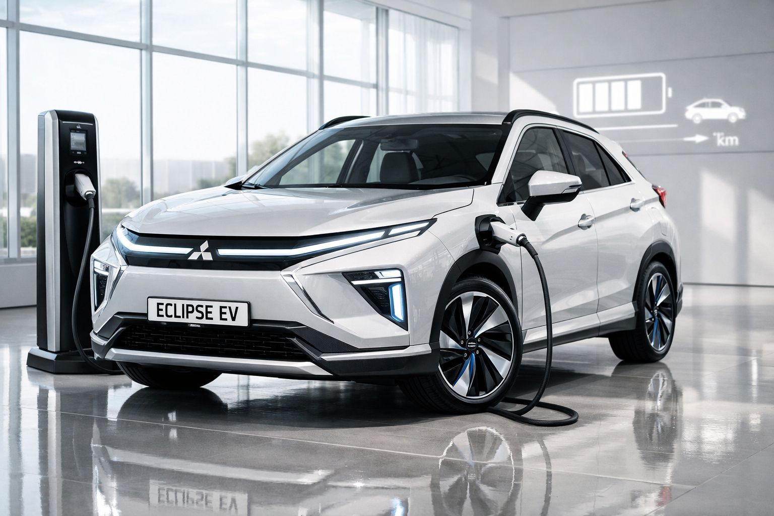 Carro elétrico Mitsubishi Eclipse EV branco a carregar numa estação de carregamento interior.