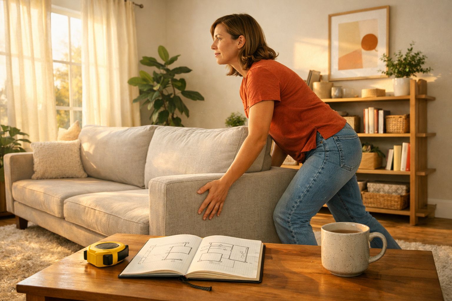 Mulher a mover um sofá cinza numa sala iluminada, com plantas e livro de plantas aberto numa mesa.