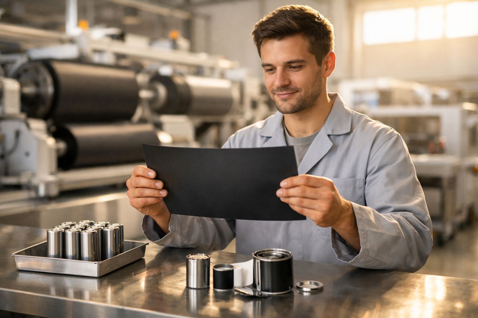 Homem numa fábrica a inspecionar uma folha preta com peças metálicas na mesa à frente.
