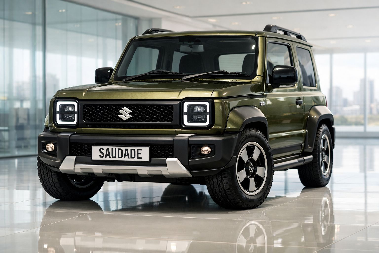 Suzuki Jimny verde metálico estacionado em espaço interior com placa de matrícula a dizer Saudade.