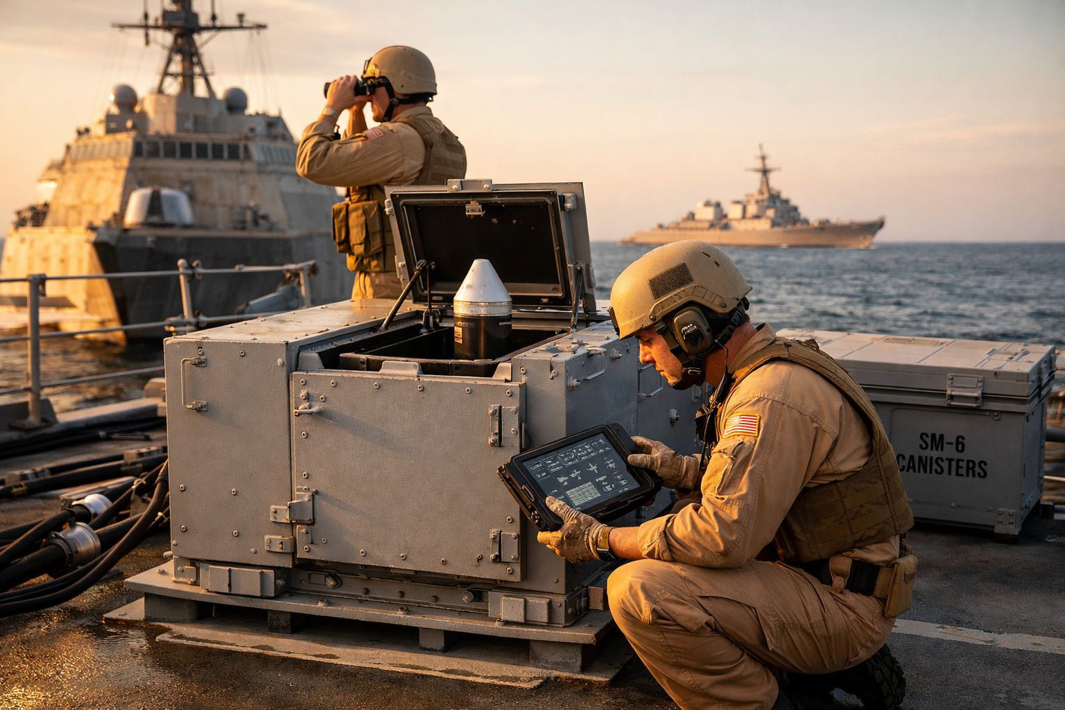 Dois militares a operar equipamentos de mísseis num navio de guerra ao pôr do sol no mar.