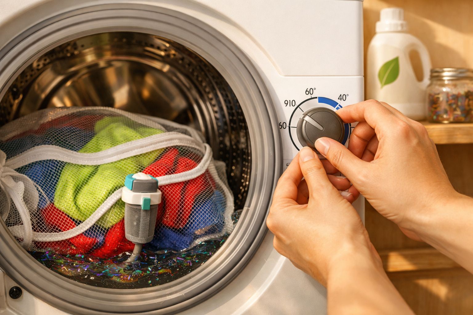Mãos a ajustar o seletor de temperatura numa máquina de lavar roupa com roupa colorida dentro.