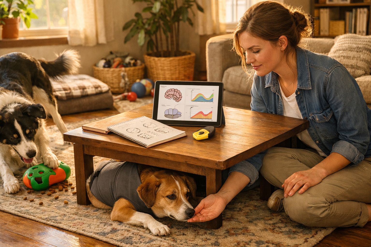 Mulher cuida de cão debaixo da mesa enquanto outro cão brinca numa sala iluminada.