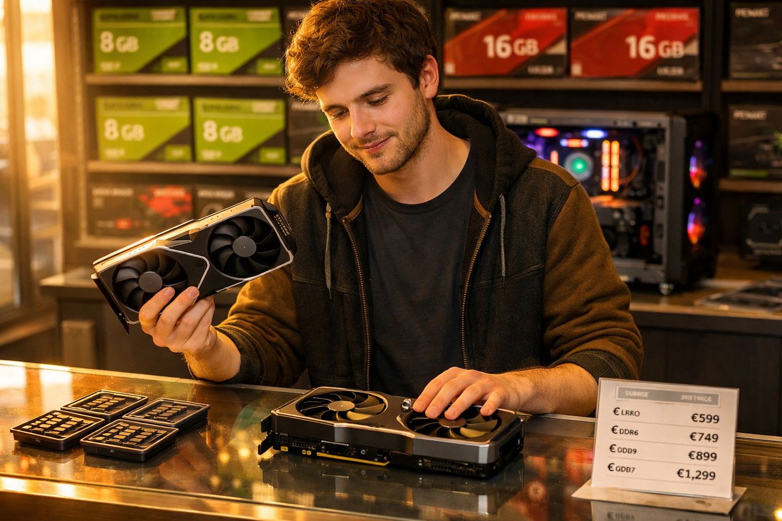Empregado na loja de informática a mostrar placas gráficas modernas para um cliente.