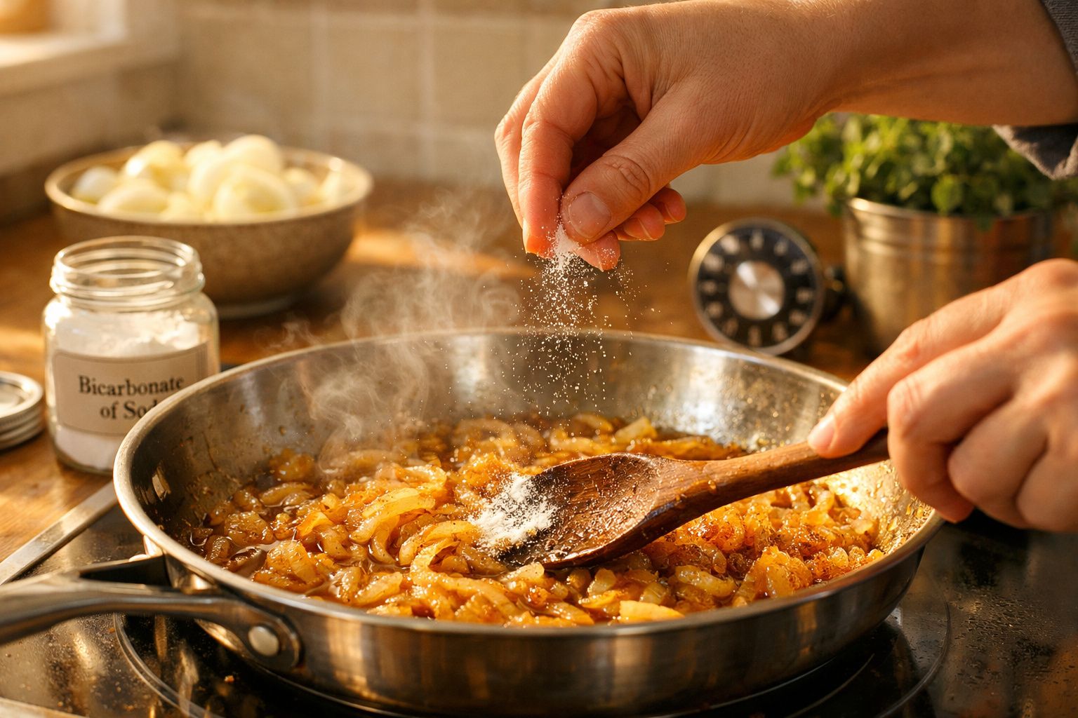 Mãos a temperar cebola caramelizada a cozinhar numa frigideira com bicarbonato de sódio no fundo.