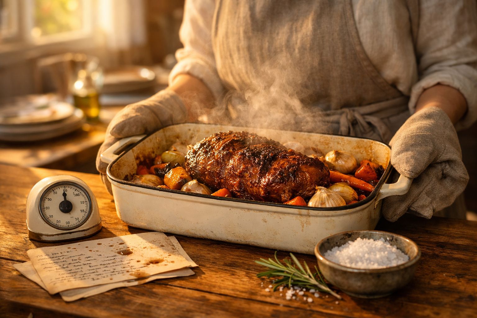 Pessoa com luvas a segurar tabuleiro com carne assada fumegante e legumes, sobre mesa de madeira rústica.