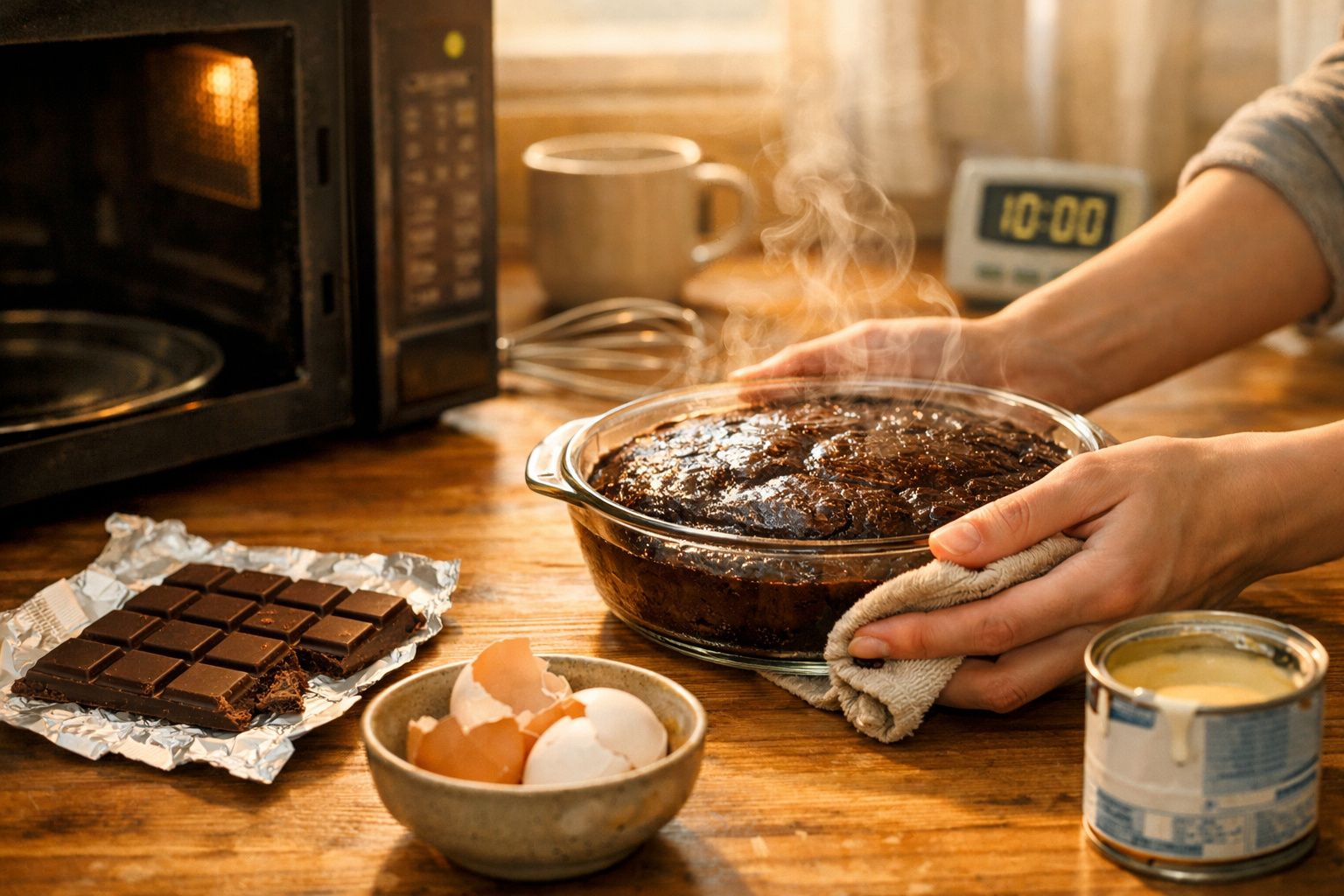 Pessoa a retirar do forno um bolo quente de chocolate, com ingredientes no balcão de madeira.
