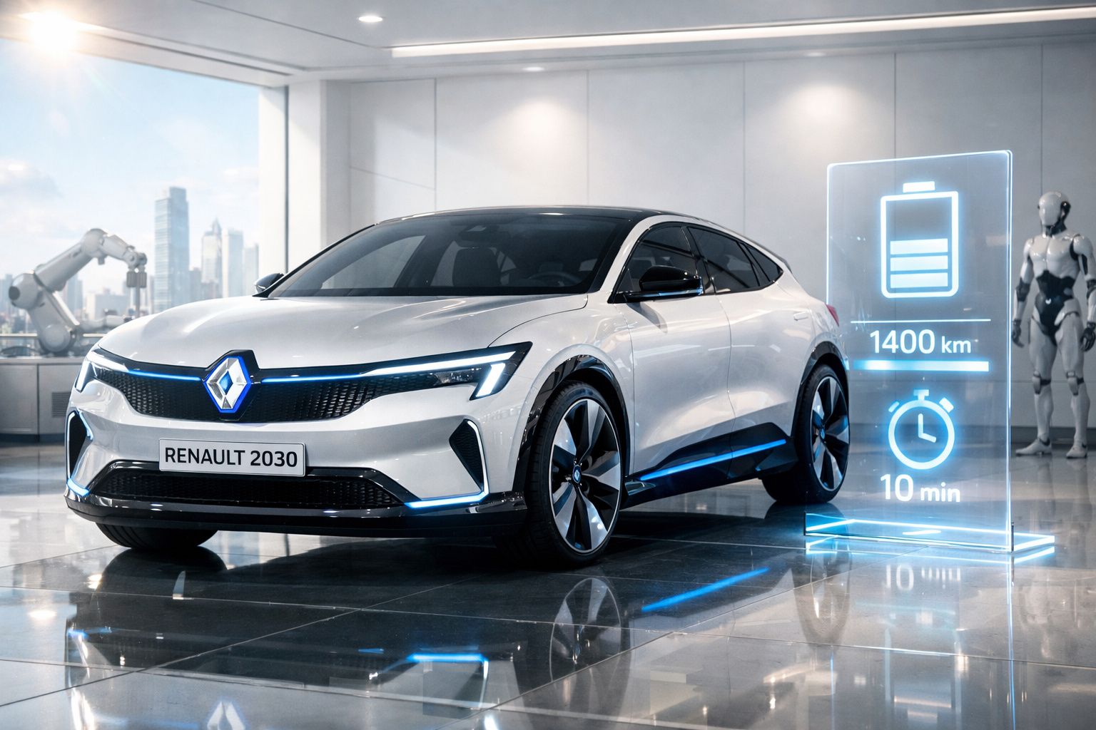 Carro elétrico Renault 2030 branco numa sala moderna, com indicador holográfico de autonomia e tempo de carga.