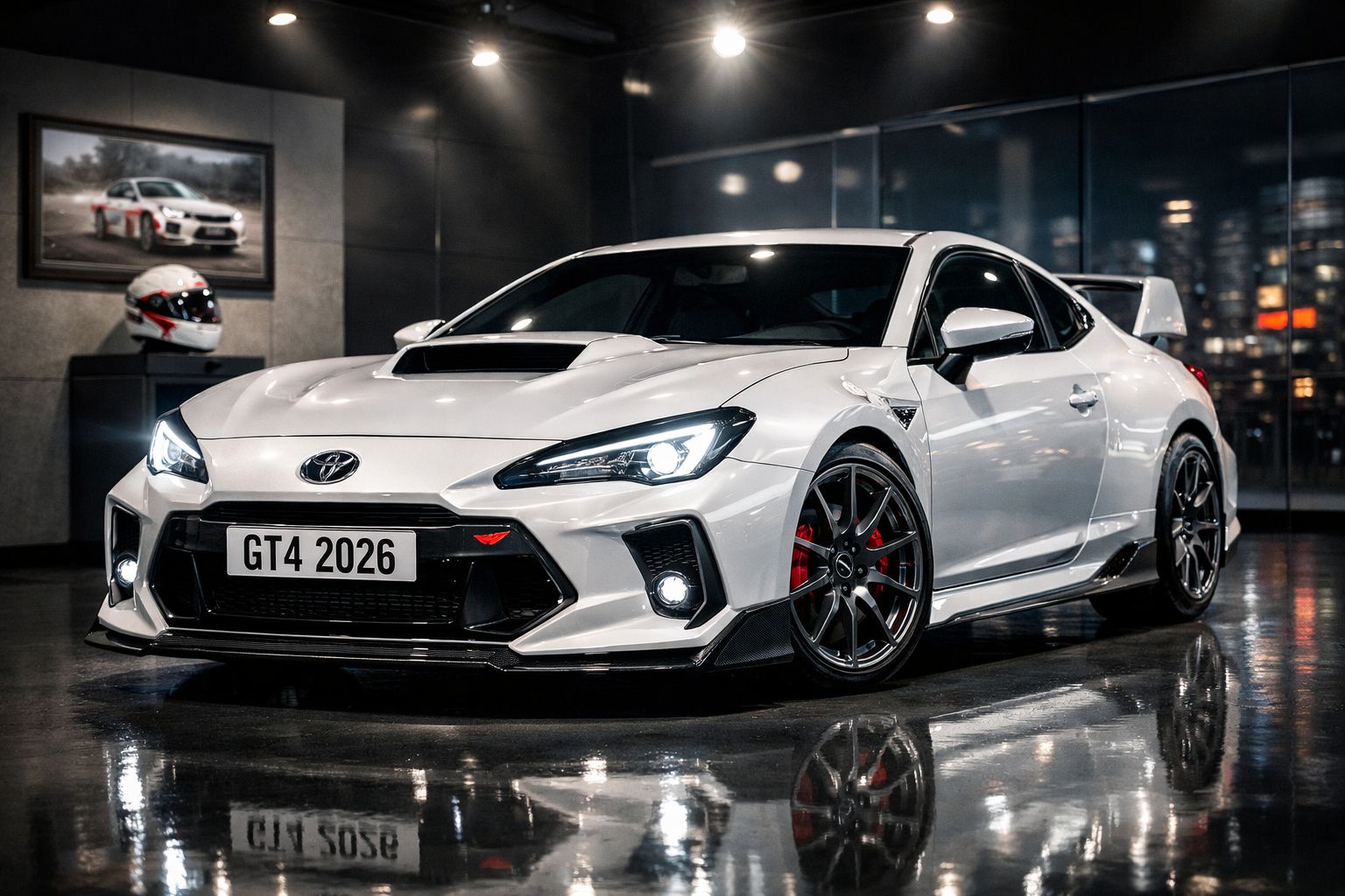 Carro desportivo branco estacionado em garagem moderna com luzes acesas e reflexo no chão molhado.