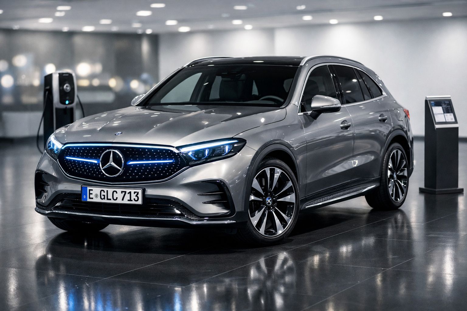 Carro elétrico Mercedes-Benz Prata a ser carregado numa estação de carregamento interior.