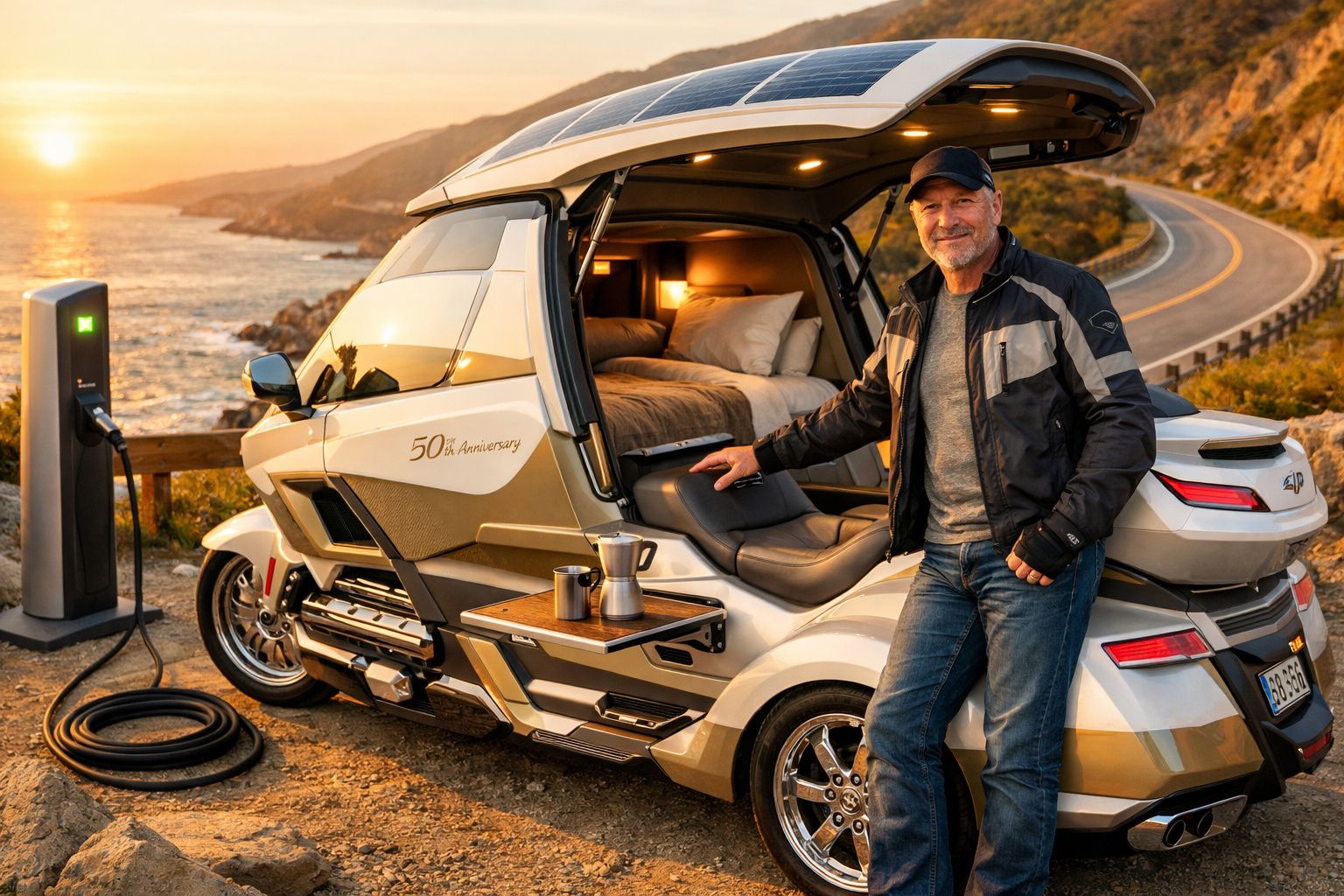 Homem junto a mota elétrica com cama e mesa na costa durante pôr do sol a ser carregada num posto elétrico.