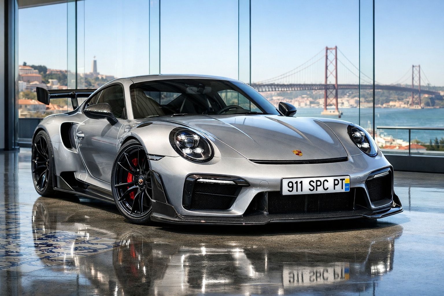 Carro desportivo Porsche prata estacionado em piso brilhante com vista para a Ponte 25 de Abril, Lisboa.