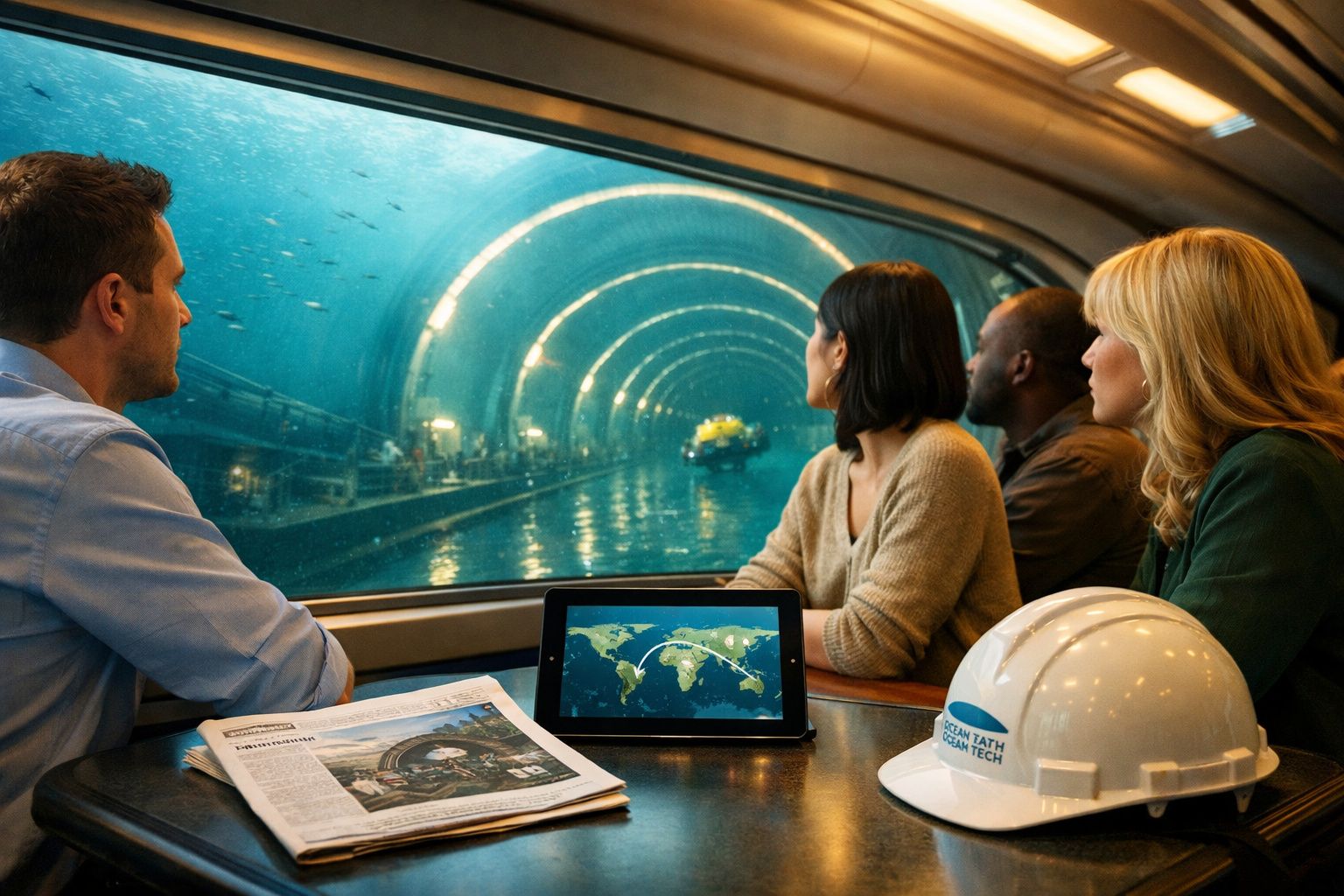 Quatro pessoas observam um túnel subaquático com um veículo submersível, com capacete e mapa na mesa.