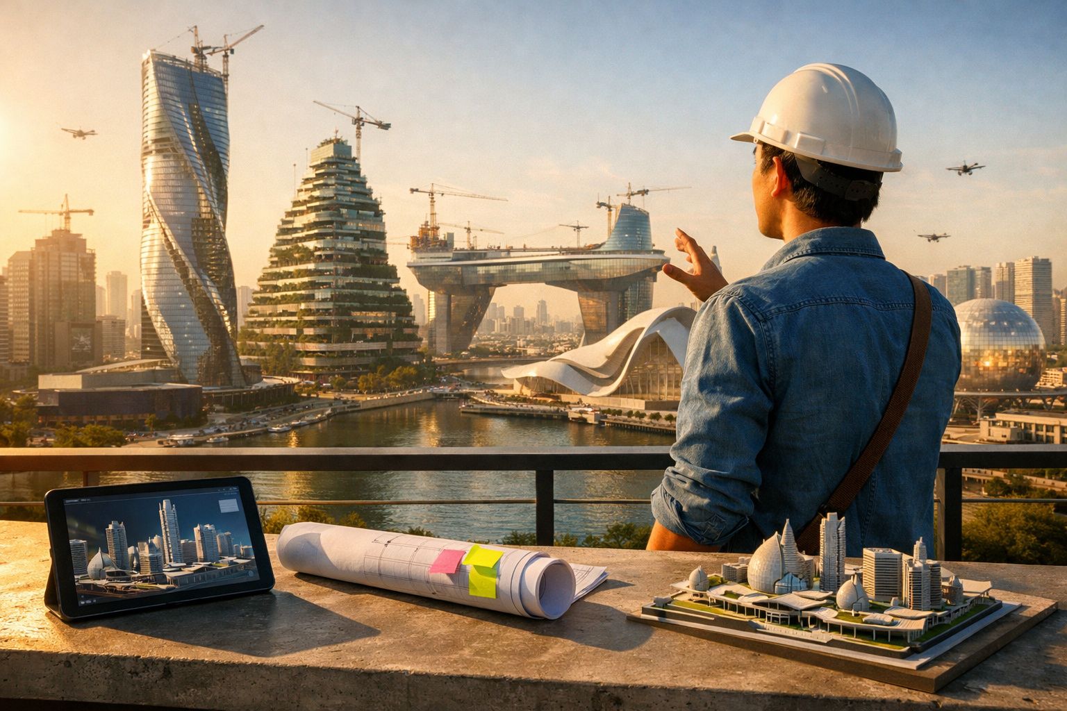 Arquiteto com capacete observa cidade futurista com arranha-céus, drones e maquete numa varanda ao pôr do sol.