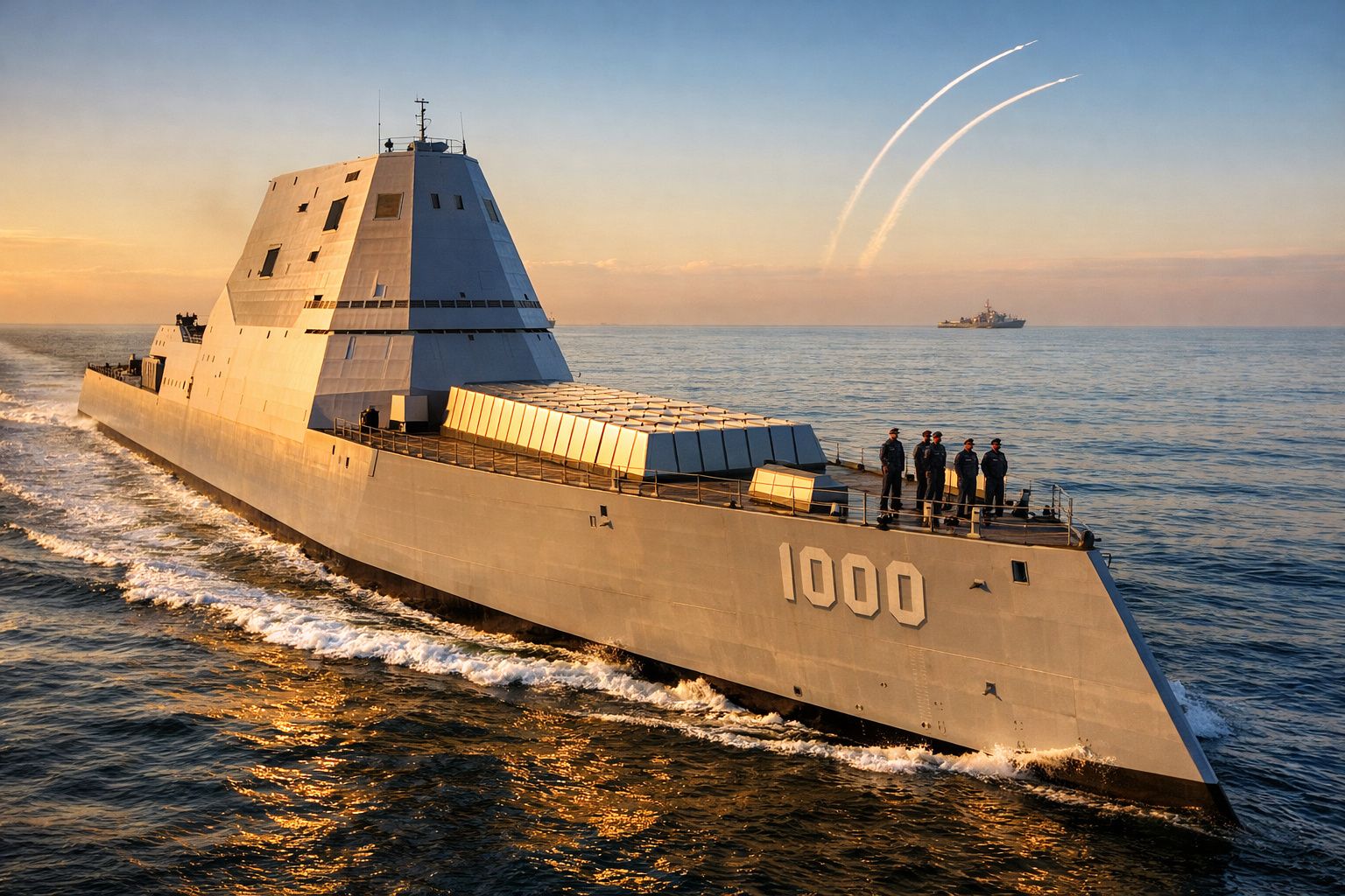Navio militar moderno com número 1000 navegando ao pôr do sol, sendo observado por quatro tripulantes no convés.