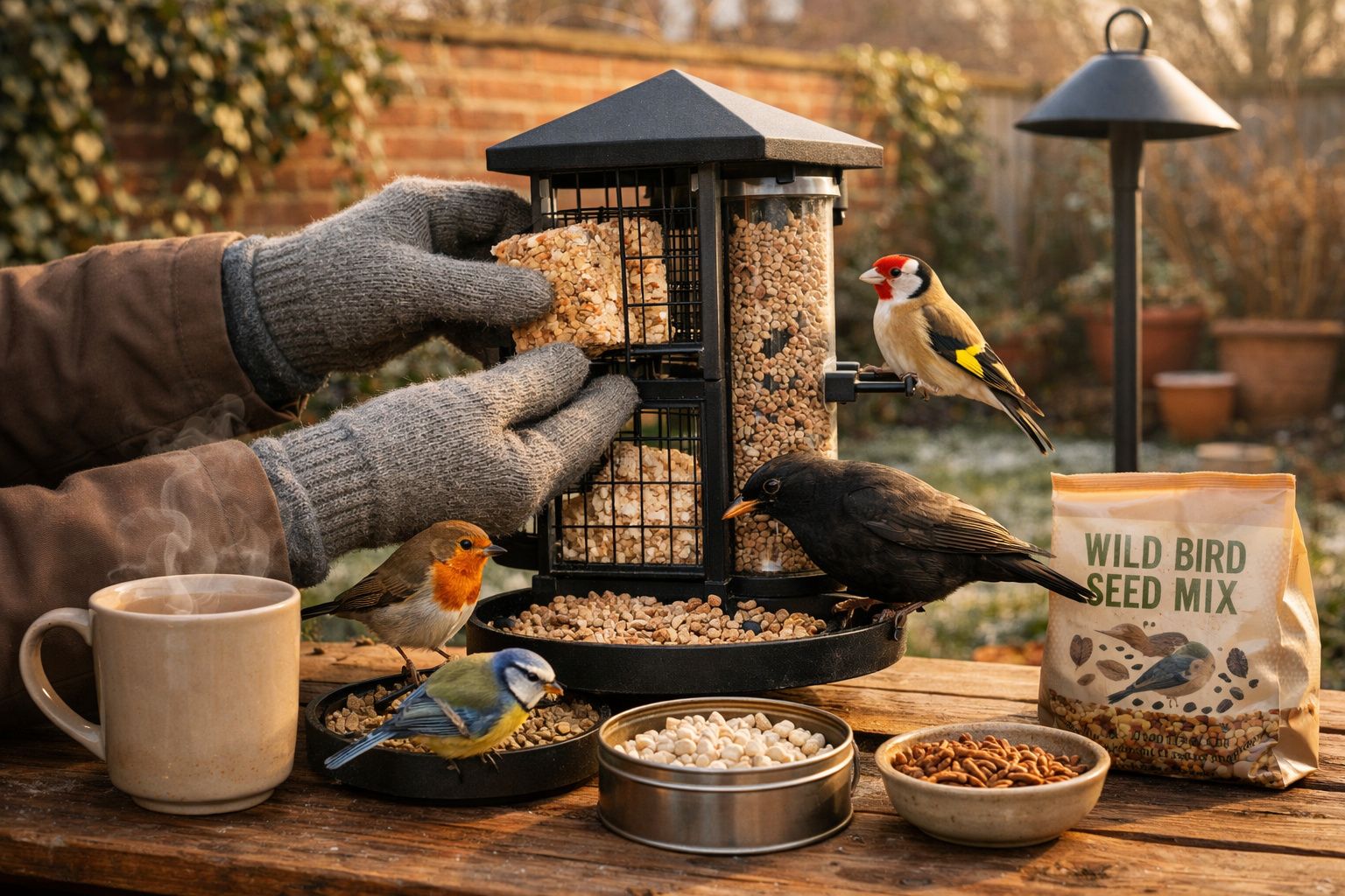 Pessoa com luvas a encher comedouro para pássaros enquanto várias aves comem sementes numa mesa.