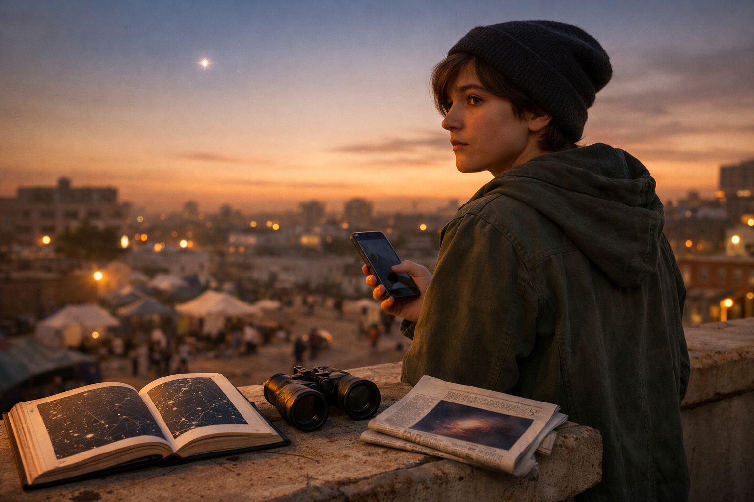 Pessoa com gorro observa cidade ao entardecer, segurando telemóvel, com livro de estrelas, binóculos e jornal à frente.