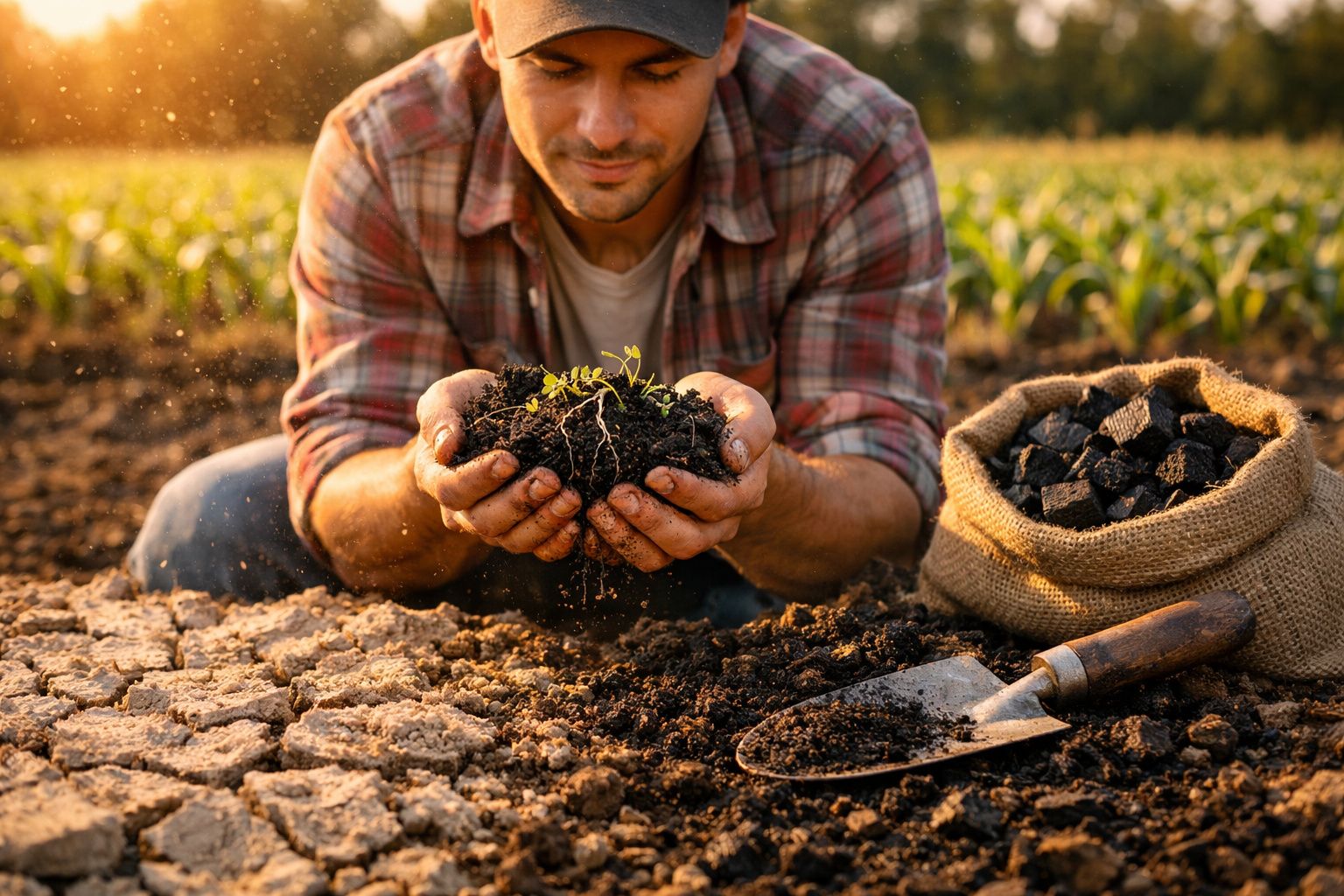 Homem a segurar terra com plantas, plantação e plantadeira ao lado numa terra seca ao pôr do sol.