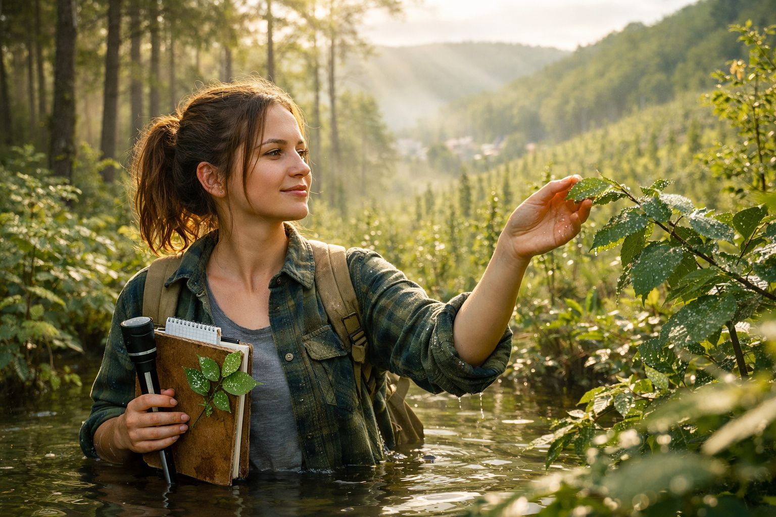 Mulher com mochila e caderno observa planta enquanto está em riacho numa floresta ao amanhecer.