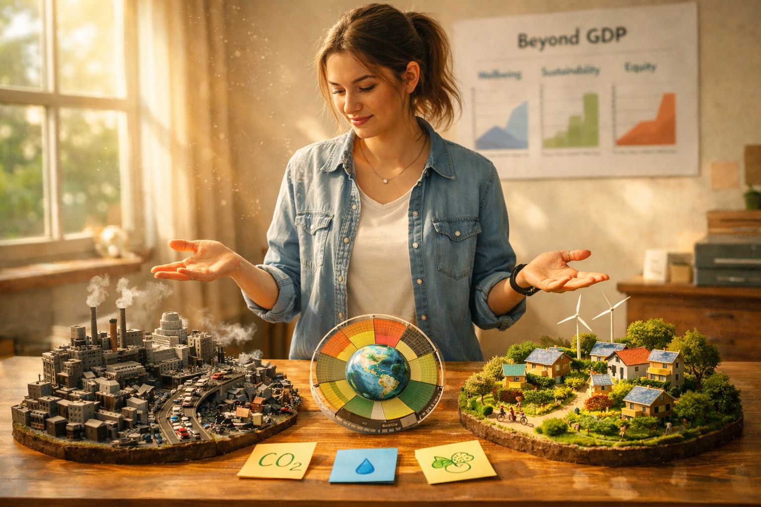 Mulher compara miniaturas de cidade poluída e sustentável com modelo do planeta Terra ao centro.