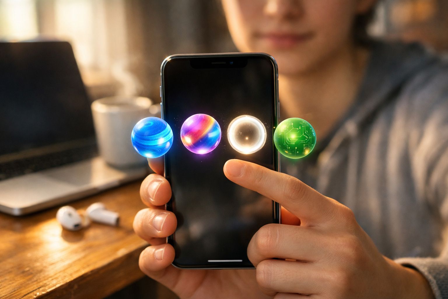 Pessoa interage com smartphone que projeta quatro ícones digitais coloridos no ar.