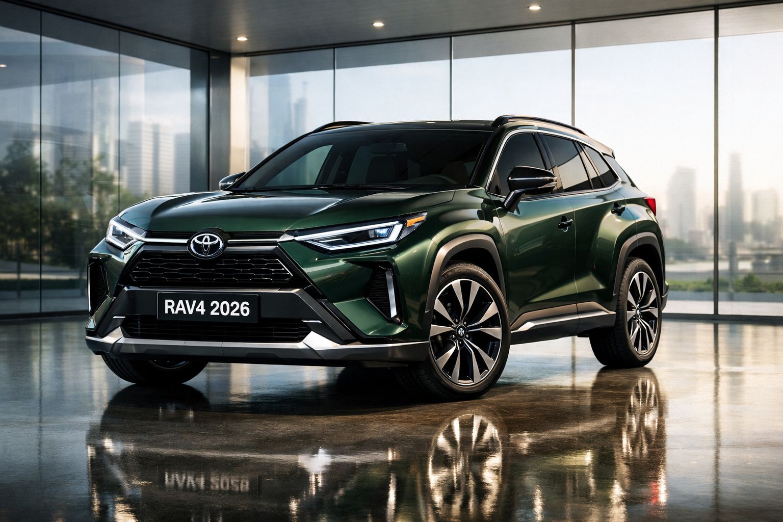 Carro Toyota RAV4 2026 verde estacionado em espaço moderno com grandes janelas e chão refletivo.
